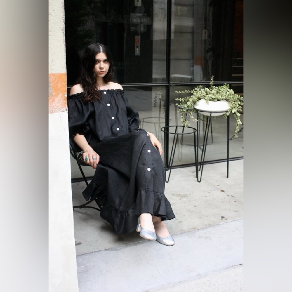 New! Sleeper Caviar Ruffled Off-Shoulder Black Button Front Midi Dress 🖤 OS - Picture 10 of 16
